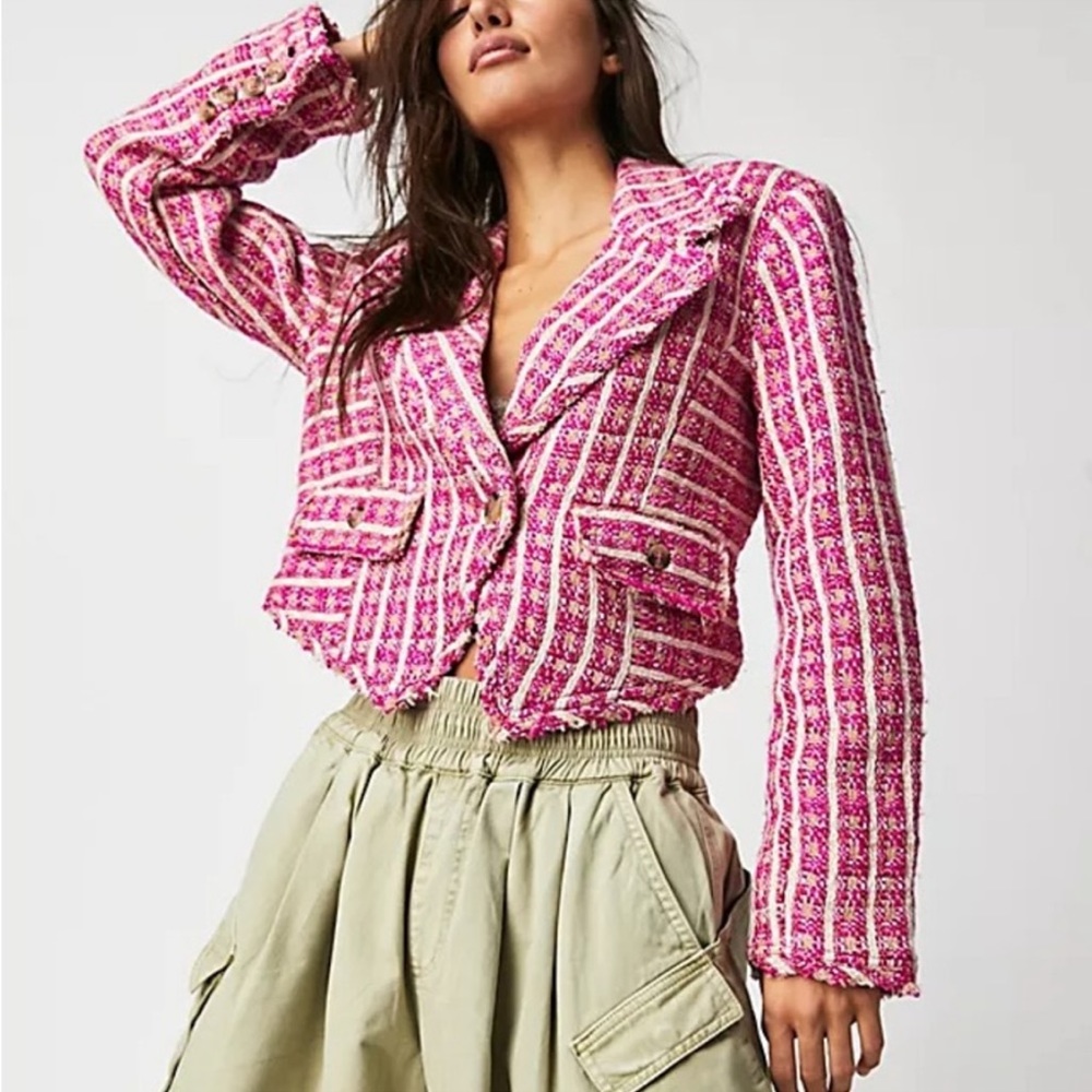 Free People Pink Tweed Cropped Blazer Jacket